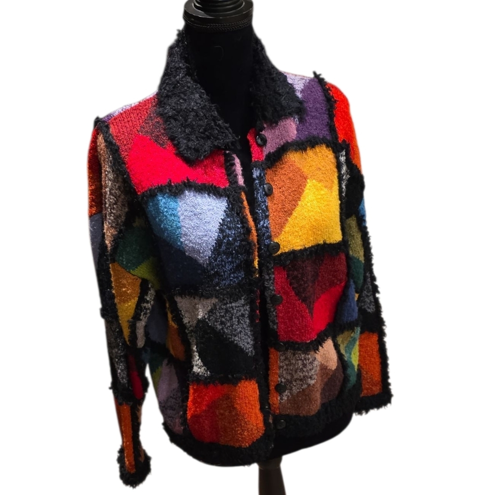 Multicolor Window Pane Geometric Women's Cardigan